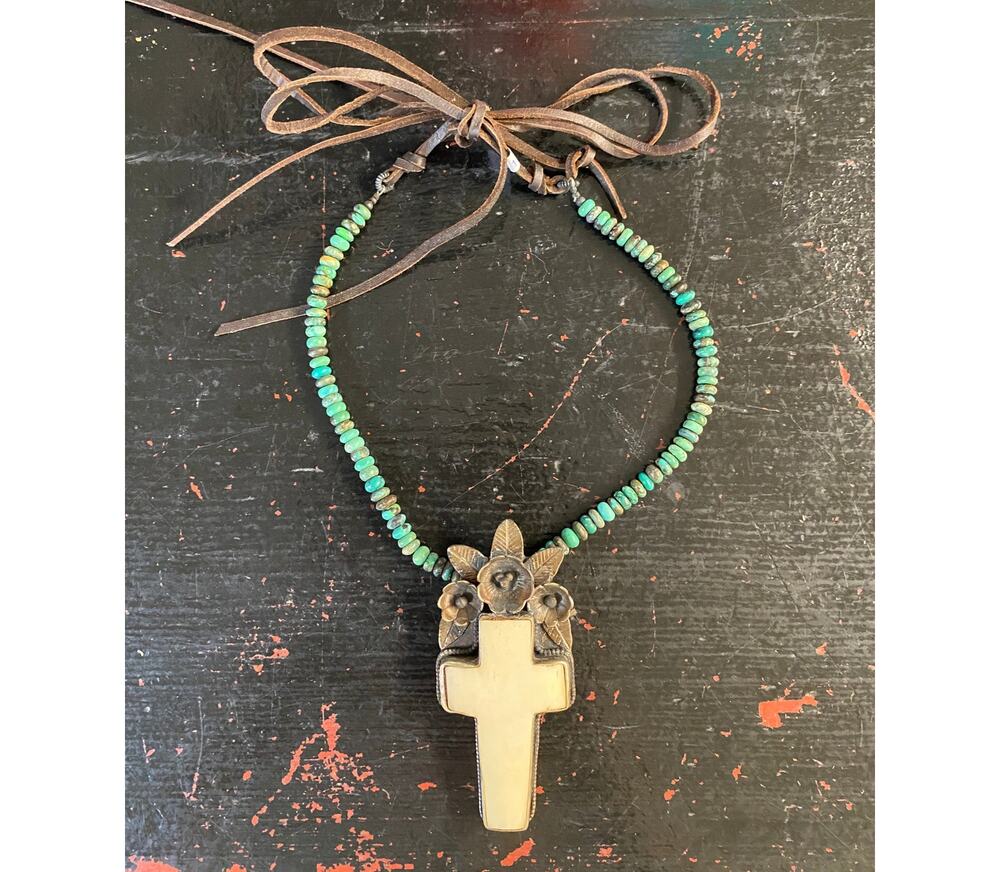 southwestern style silver floral and bone cross necklace, turquoise beads, boho